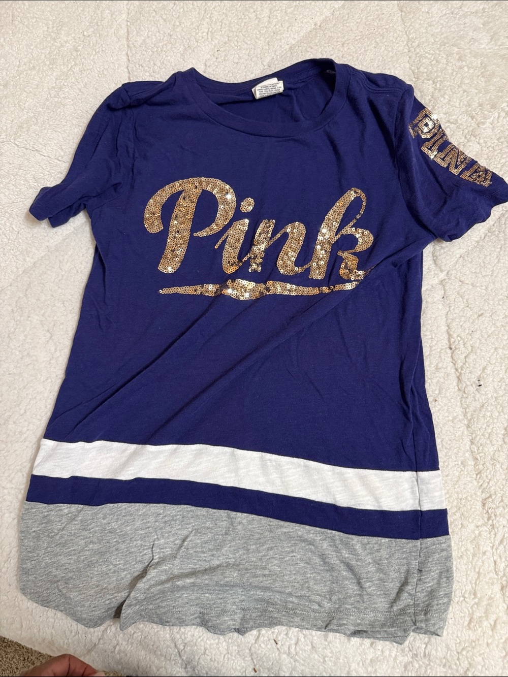 PINK Victoria's Secret Navy Tee with Gold Sequin Logo and Colorblock